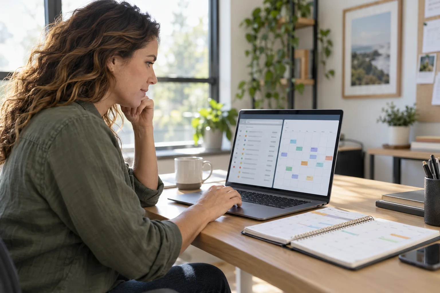 Een ondernemer bekijkt de planning van terugkerende klantdiensten op een laptop.
