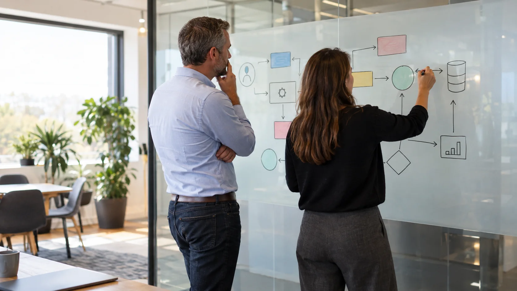 Een ondernemer en adviseur brengen bedrijfsprocessen samen op een whiteboard.