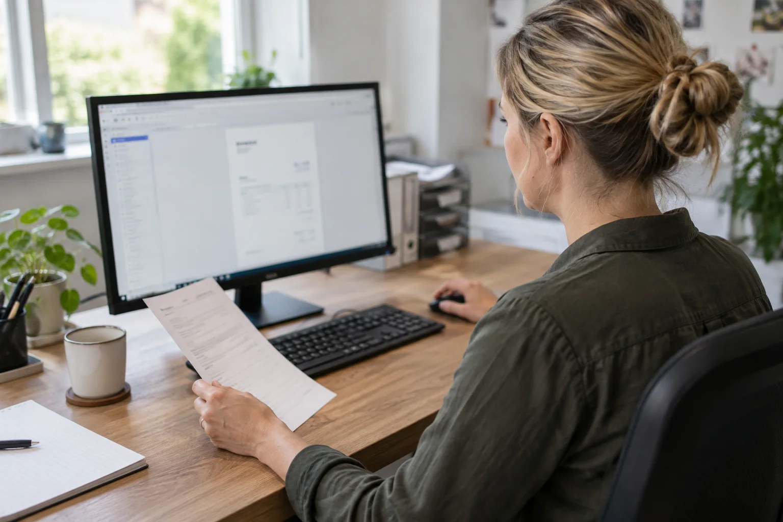 Een administratief medewerker controleert een factuur op haar computerscherm.