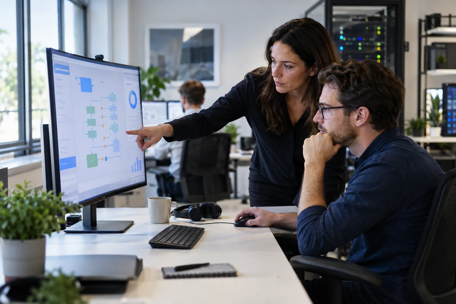 Een IT-team bespreekt een klantproject en de bijbehorende workflow.