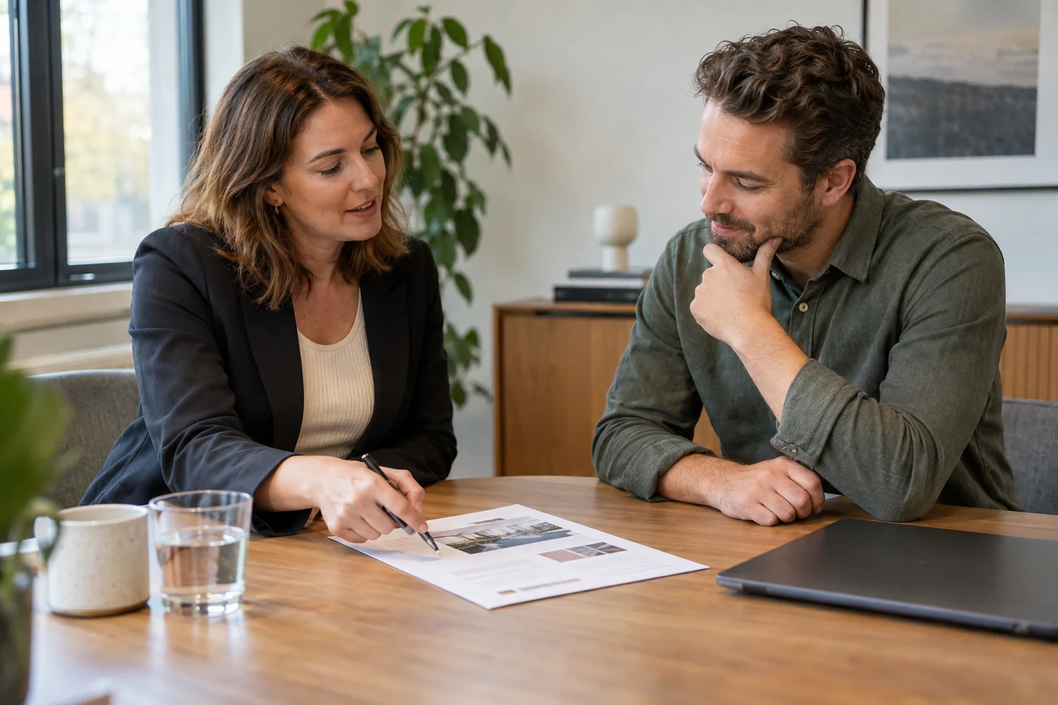 Een adviseur en klant nemen samen een voorstel door aan tafel.