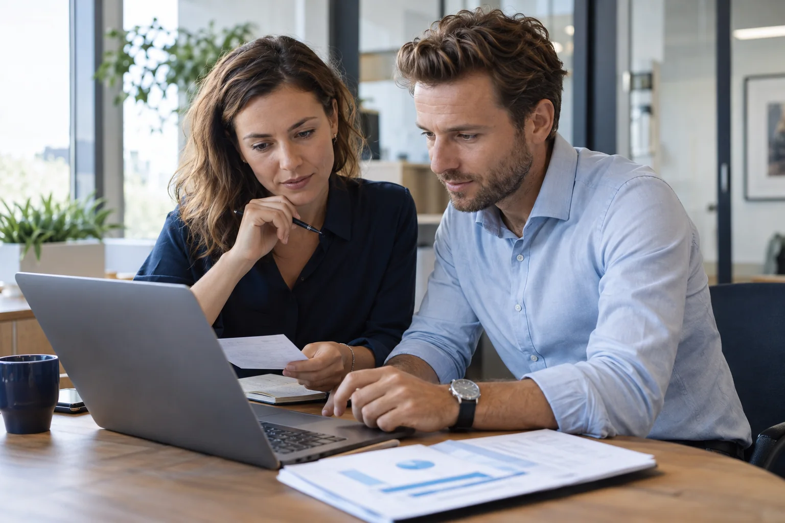 Een projectleider en consultant controleren samen uren en projectinformatie.