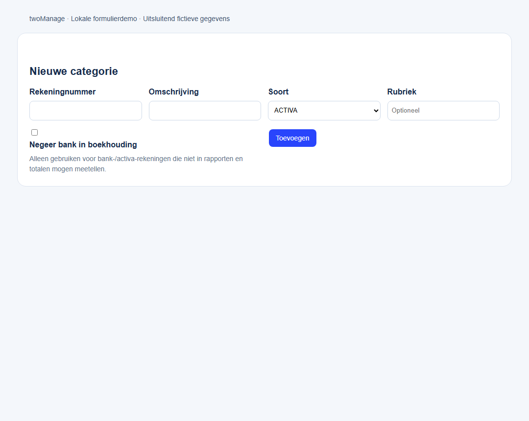 Leeg formulier Nieuwe categorie met rekeningnummer, soort en rubriek