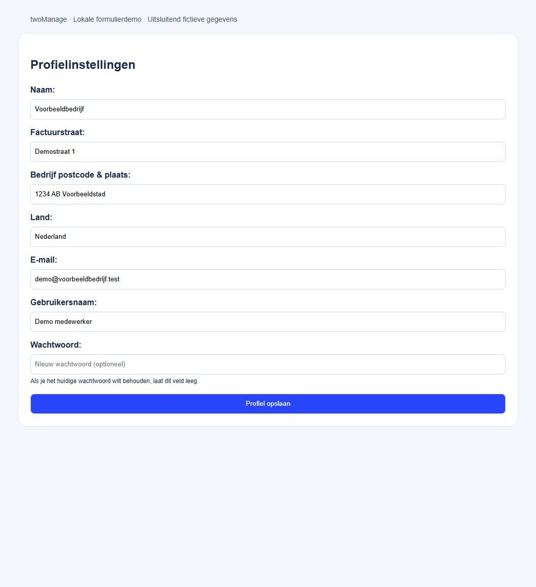 Profielinstellingen met fictieve bedrijfsnaam, adres en accountgegevens
