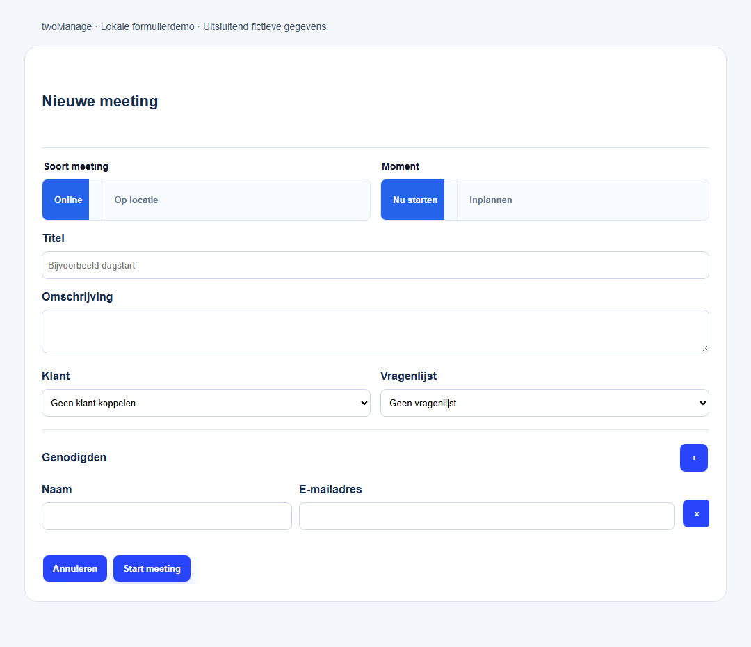 Meetingformulier zonder echte deelnemers met online en planningskeuzes