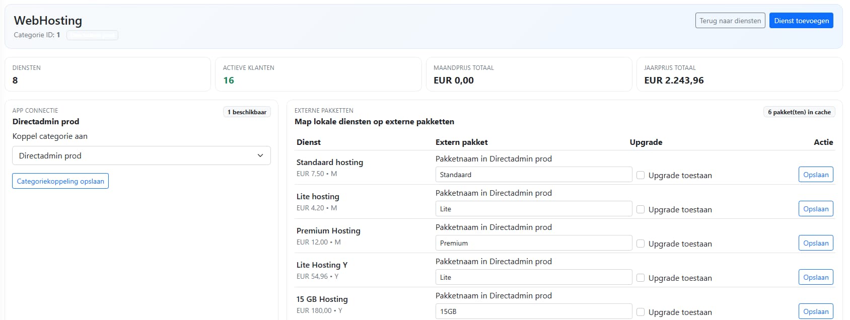 Dienstbeheer en gekoppelde hostingdiensten in twoManage